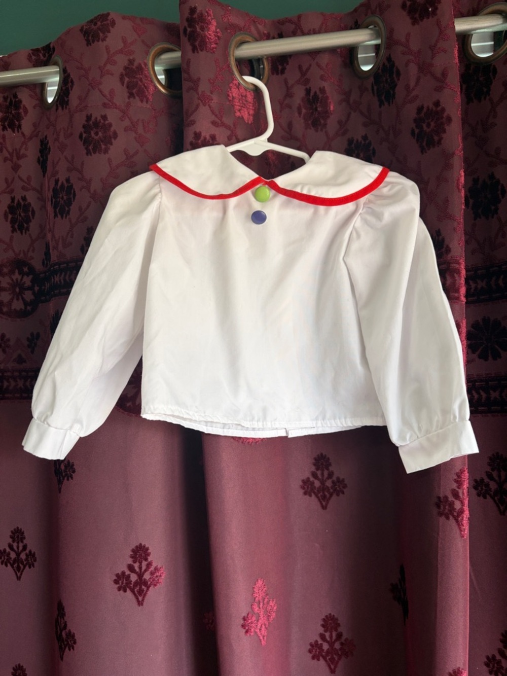 Vintage Toddler Blouse White Long-Sleeve, Red Trim & Colorful Buttons 24 Months